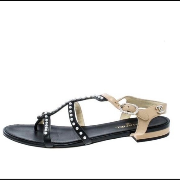 Authentic Chanel Leather Pearl Embellished Strappy Flat Sandals Size EU 37.5 - Picture 3 of 10